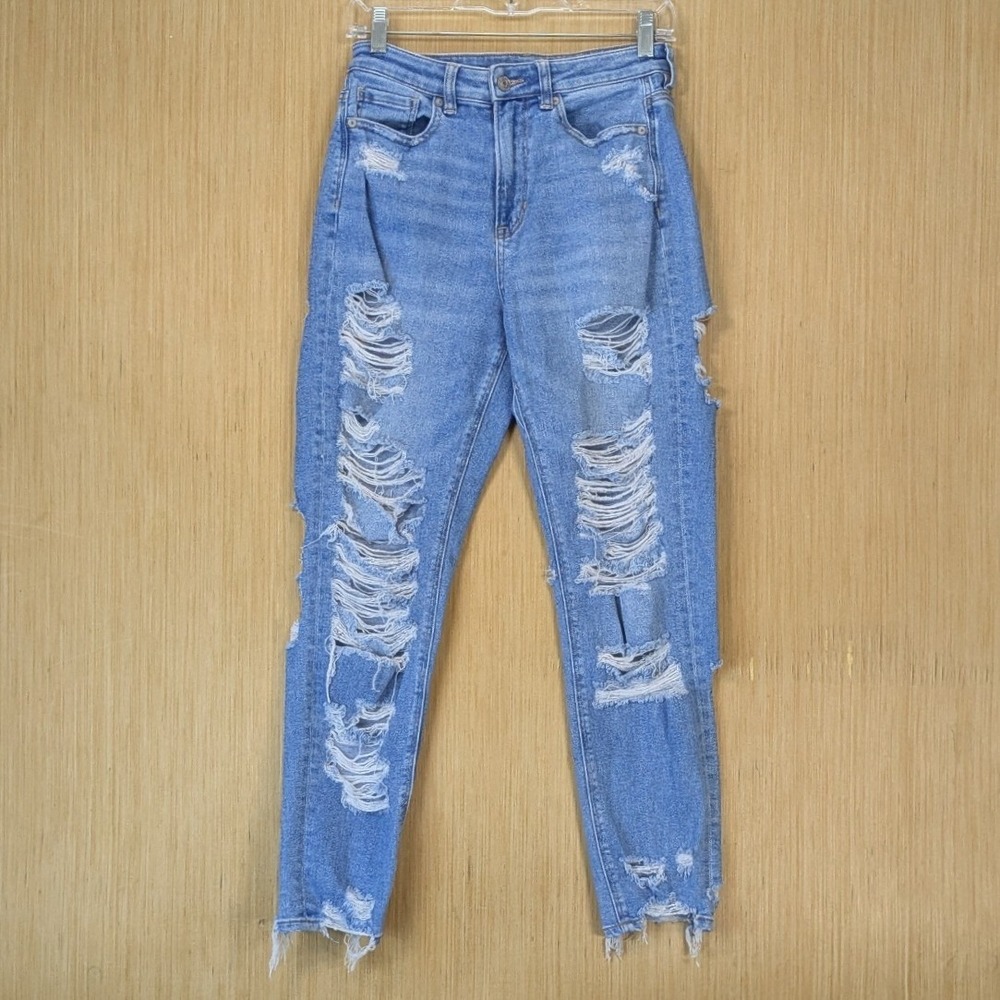 American Eagle Mom Jean Women 4 Grunge Festival Blue Distressed High Rise Denim